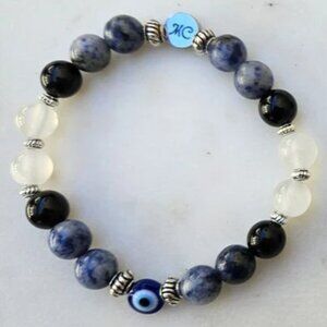 Natural Stone Evil Eye Bracelet (Selenite, Black Obsidian, Blue Sodalite)